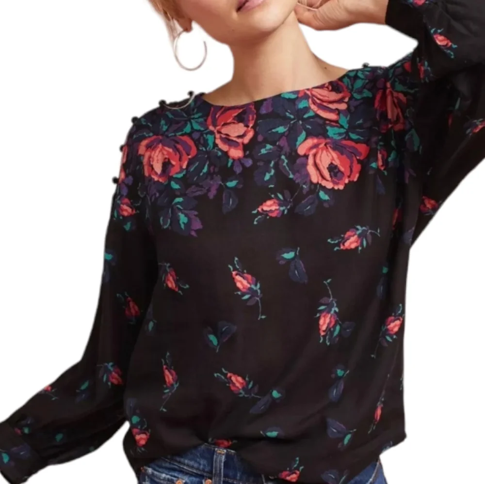 Maeve Anthropologie Black Floral Long Sleeve Button Detail Top Medium